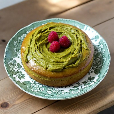 Matcha cake with raspberries on a plate