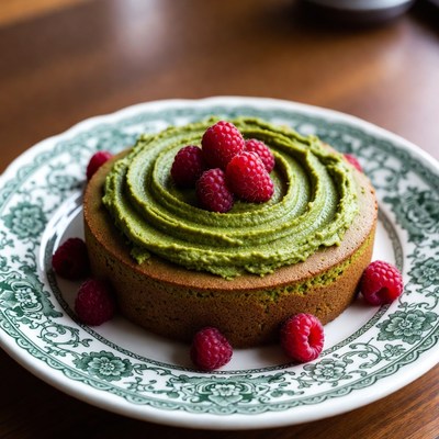 Cake topped with raspberries and frosting