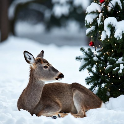 Deer resting by christmas tree