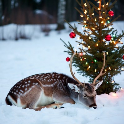 Deer rests by christmas tree in snow