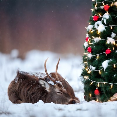 Deer resting near christmas tree