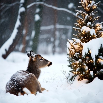 Deer resting by snowy tree