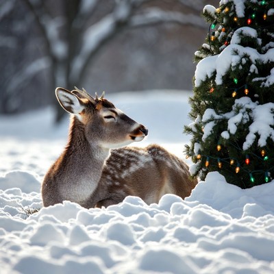 Deer resting by christmas tree