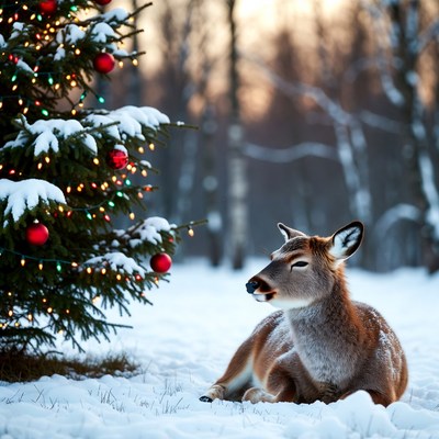 Reindeer resting by christmas tree
