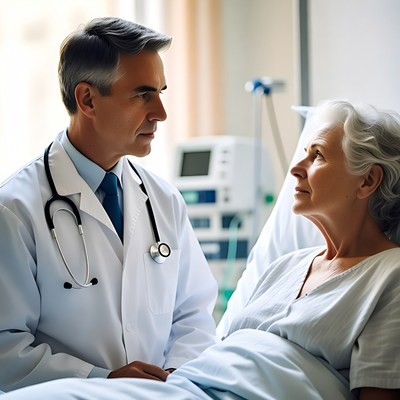 Doctor talking with patient in hospital room