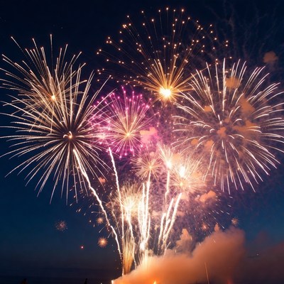 Fireworks display over the city skyline