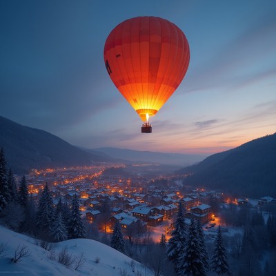 Hot air balloon over winter town