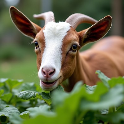 Goat near green plants in garden