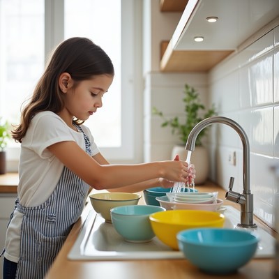 Girl washing bowls in kitchen