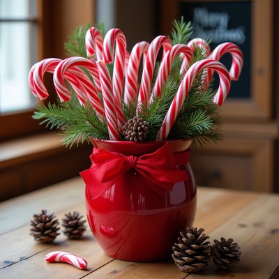 Candy canes in red pot decoration