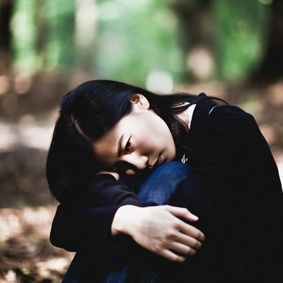 Woman sitting in forest alone