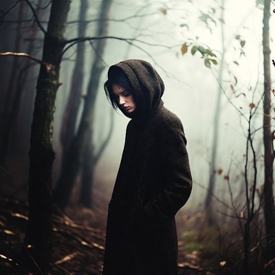 Person walking in foggy woods