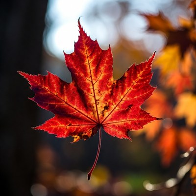 Bright red maple leaf hangs in sunlight