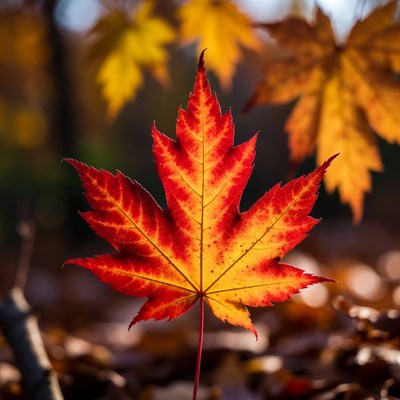 Bright red maple leaf in autumn light