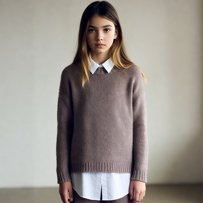 Young girl stands in simple outfit