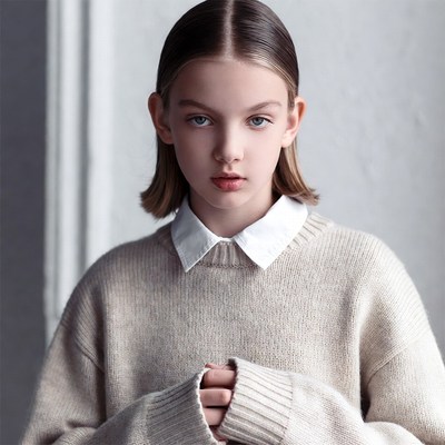 Young model in knit sweater indoors