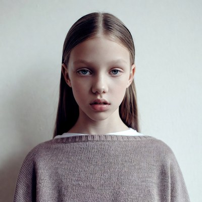 Girl with long hair looks at camera