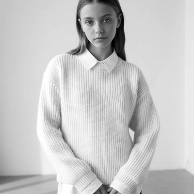 Model poses in simple sweater indoors