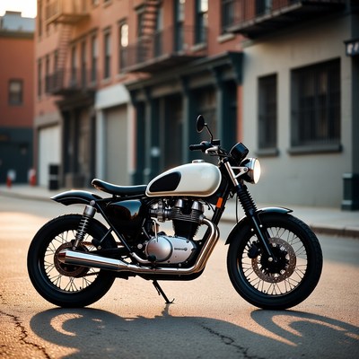 Motorcycle parked on city street at sunset