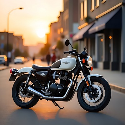 Motorcycle parked on city street at sunset