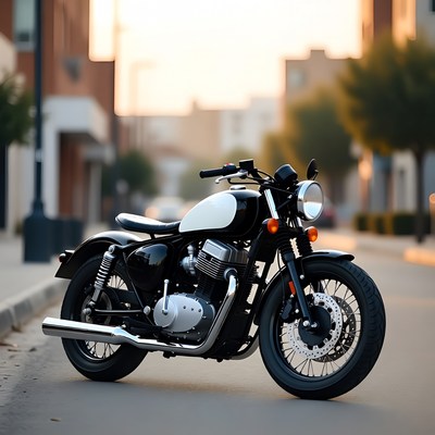 Old motorcycle parked at sunset
