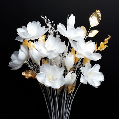 White flowers with gold accents on dark background