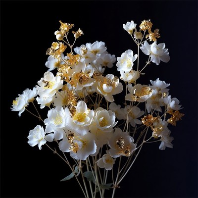 White flowers with gold accents in dark setting