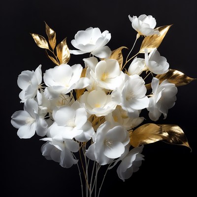 White flowers with gold leaves arrangement