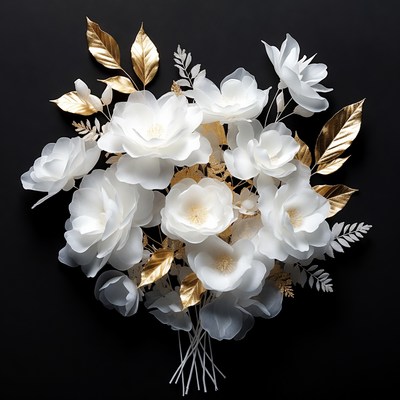 White flowers with golden leaves arrangement