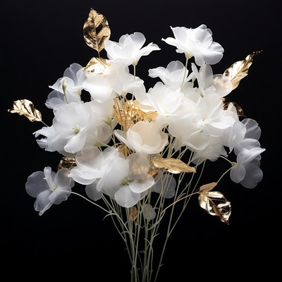 White flowers with gold leaves in dark background