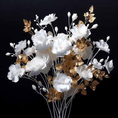White flowers with gold accents in a dark setting