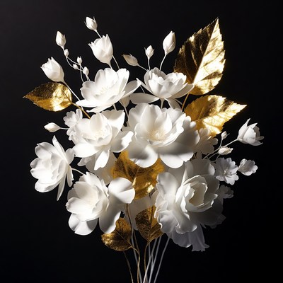 White flowers arranged with gold leaves