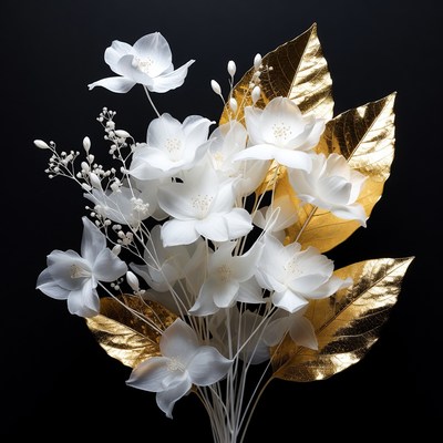 White flowers with gold leaves arrangement