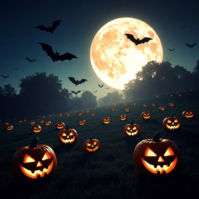 Halloween night with pumpkins and bats