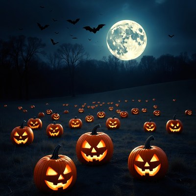 Spooky pumpkins under moonlight