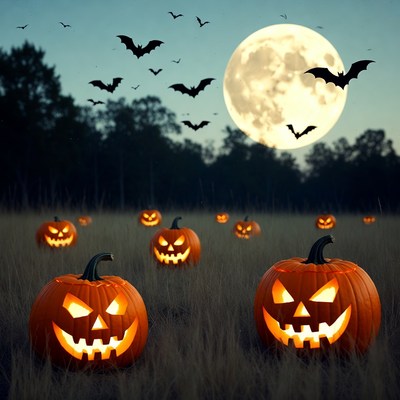 Halloween night with pumpkins and bats