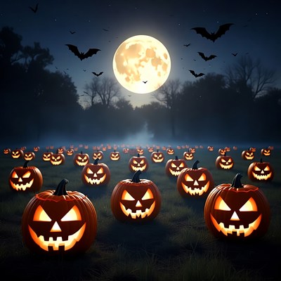 Halloween night with glowing pumpkins