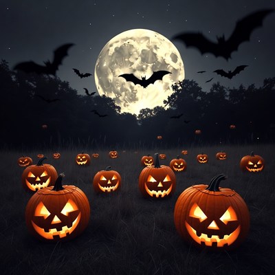 Halloween pumpkins and bats in the night