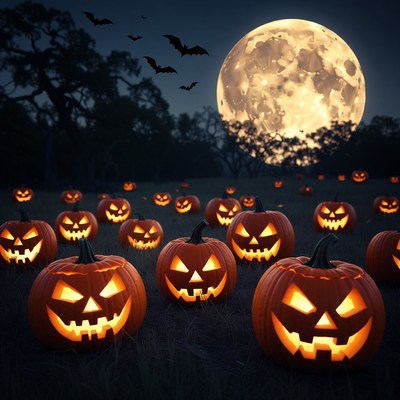 Jack-o'-lanterns glowing under moonlight