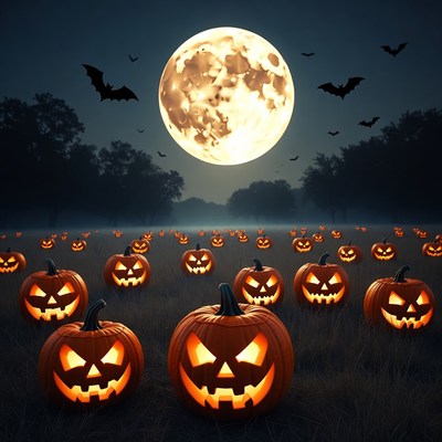 Halloween night with pumpkins and moon