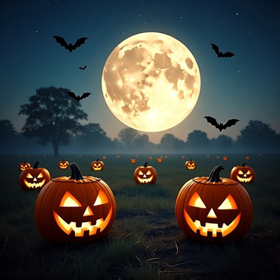 Halloween pumpkins under full moon