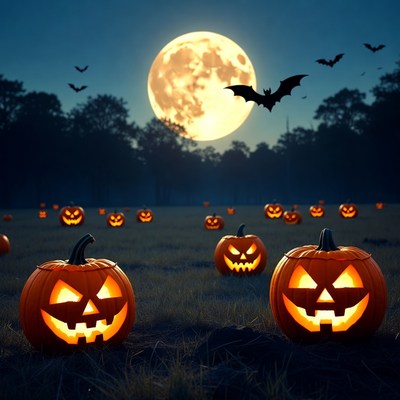 Halloween night with pumpkins and bats