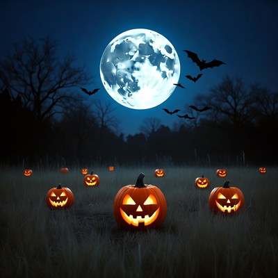 Halloween night with glowing pumpkins