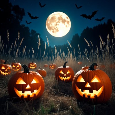 Halloween pumpkins in moonlit field
