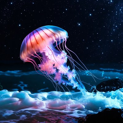Jellyfish in ocean waves at night