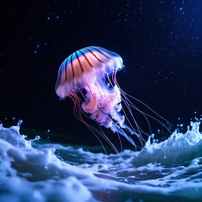 Jellyfish swims in ocean waves at night