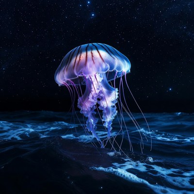 Jellyfish swimming in dark ocean