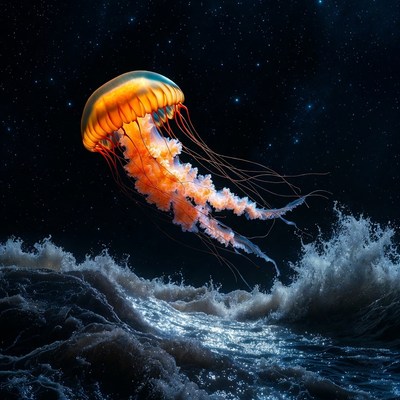Jellyfish swimming through ocean waves