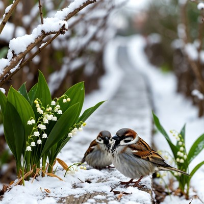 Birds in snow near flowers