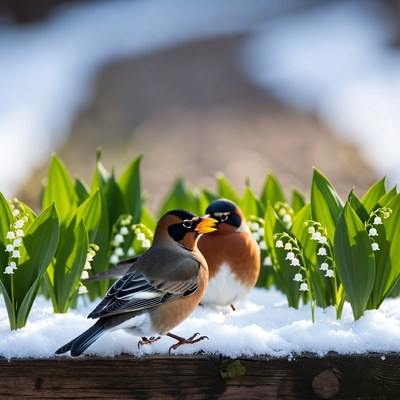 Birds among flowers in snow